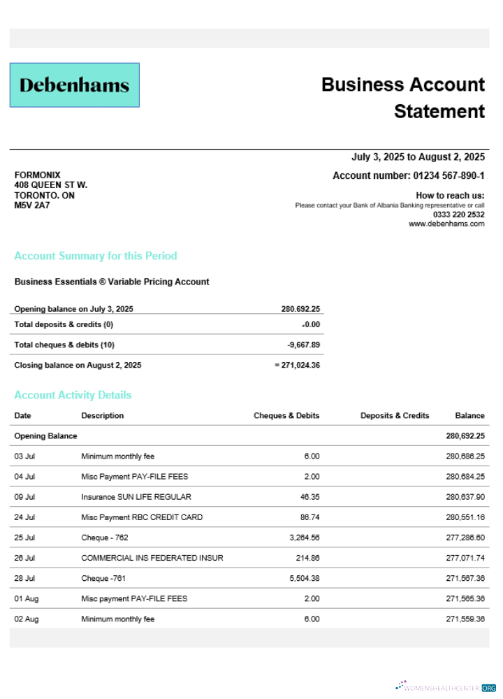 United Kingdom Debenhams business checking account statement Word and PDF template
